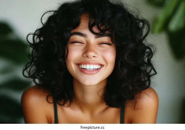 Happy Woman with Curly Hair Close-up Portrait