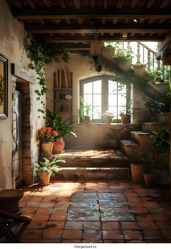 European style courtyard with plants and flowers