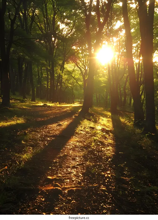 The sun shines through the forest