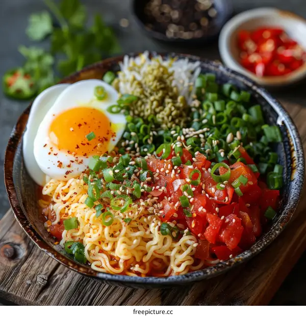 bowl of ramen with egg, tomatoes, scallions, and other toppings