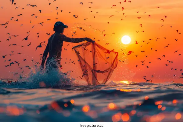 Fisherman casting net at sunset with birds flying overhead