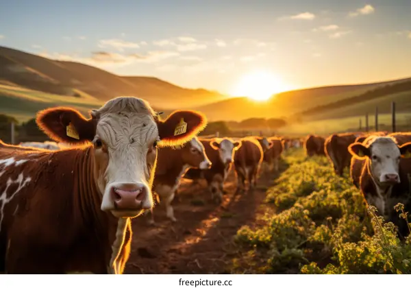 Cows grazing in a lush green field at sunset