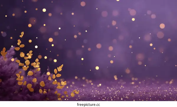 Purple Glitter Background with Golden Leaves