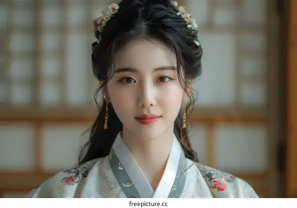 Portrait of a young woman in traditional Korean dress, or Hanbok