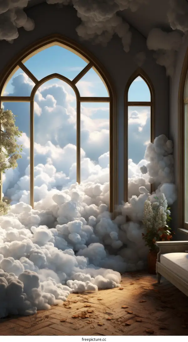 Surreal Interior with Staircase and Large Windows