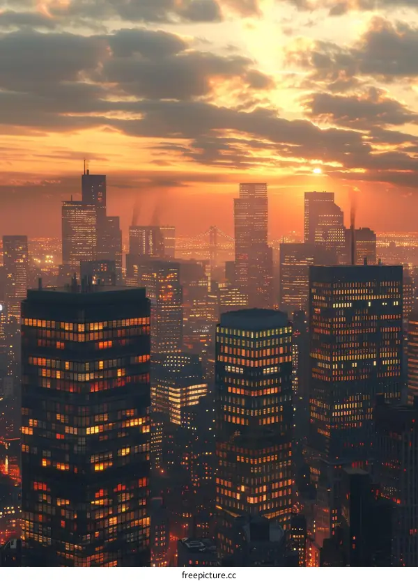 City Skyline with River at Sunset