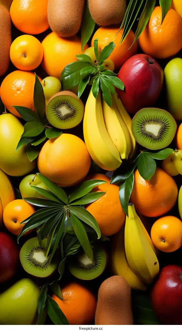A variety of fruits including bananas, oranges, kiwis, and apples