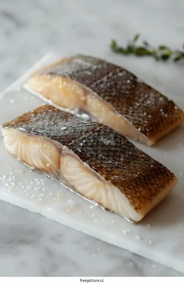 Two pieces of raw cod fillets on a marble cutting board