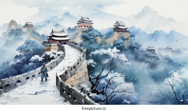 A lone traveler walking on the great wall of China