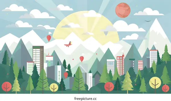 Flat Design Cityscape Illustration With Mountains And Sun