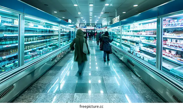 Refrigerated Aisle in a Grocery Store with People Shopping