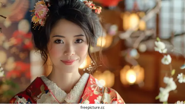 Portrait of a beautiful Japanese woman in traditional kimono