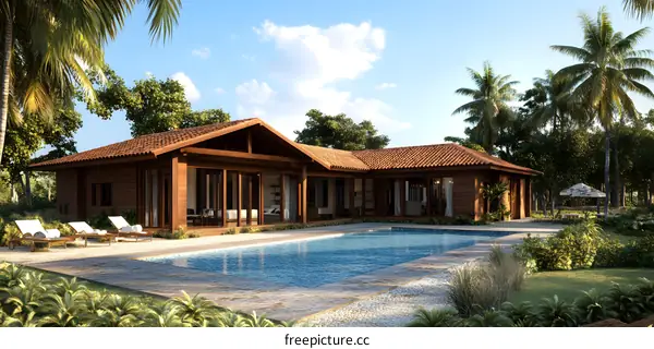 Tropical Villa with Swimming Pool and Palm Trees