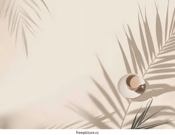 Minimalist Aesthetic Coffee Cup with Palm Leaf Shadow