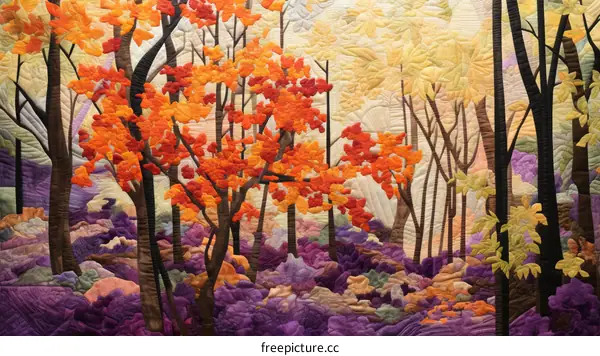 Colorful Fabric Wall Hanging of Autumn Trees and Foliage