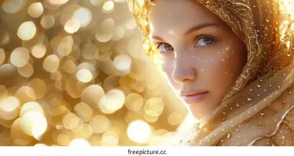 Portrait of a beautiful woman with golden skin and golden eyes, wearing a golden headscarf