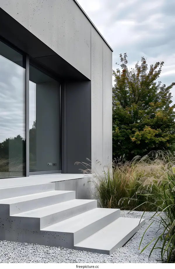 Modern Concrete House Exterior with Steps and a Tree