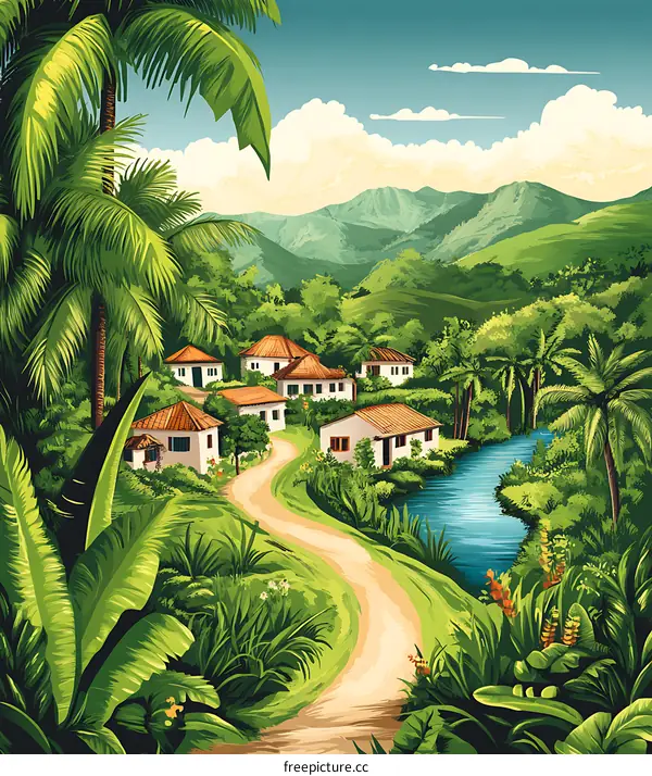 Tropical Village Landscape With Lush Greenery And Winding Road