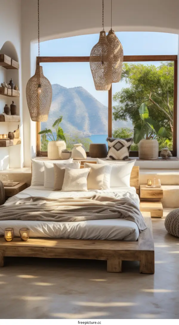 Modern coastal bedroom interior with large windows and ocean view