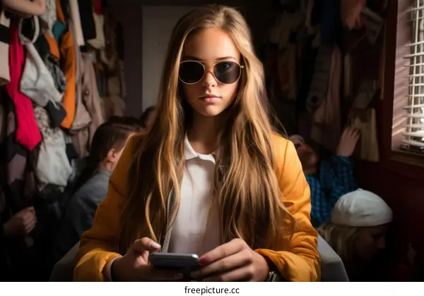 Teenage girl with blonde hair wearing sunglasses and a yellow jacket using a smartphone with people in the background