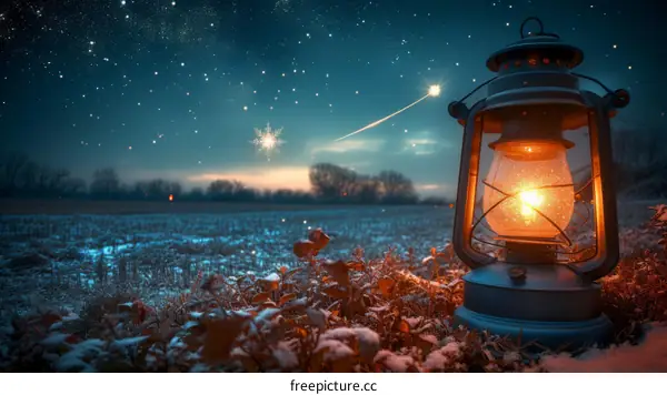 lantern in the snow field at night