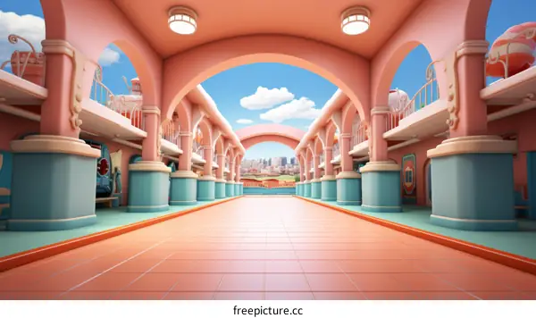 A long pink corridor with arched openings on both sides