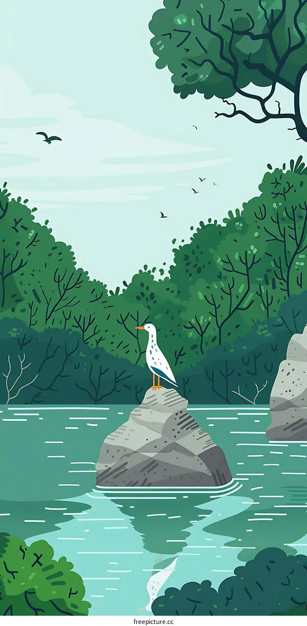 White Bird Standing On A Rock In The Water