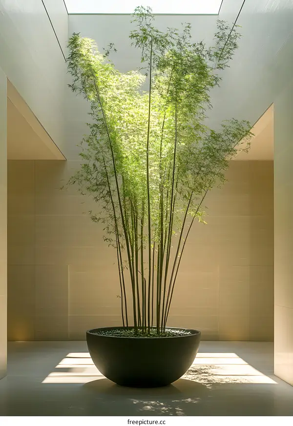 Modern Interior Design With Bamboo Plant In Large Pot