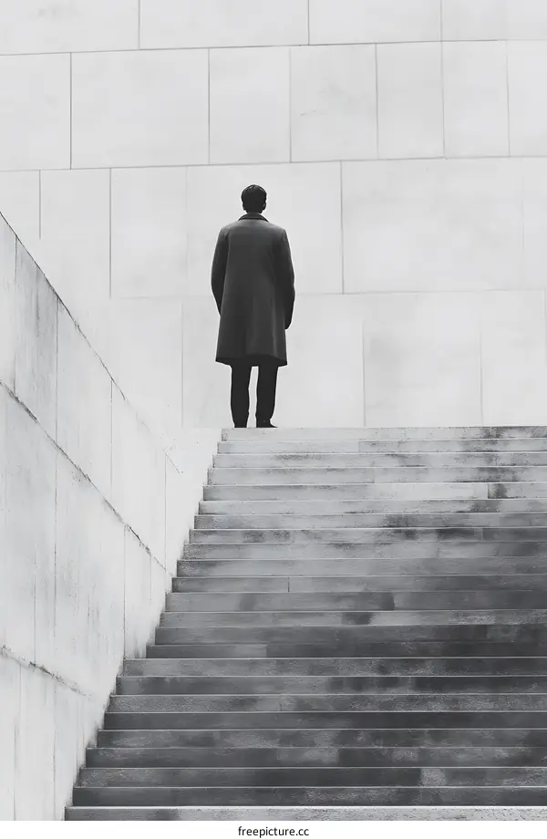 Man in Coat Standing on Stairs in Front of Wall