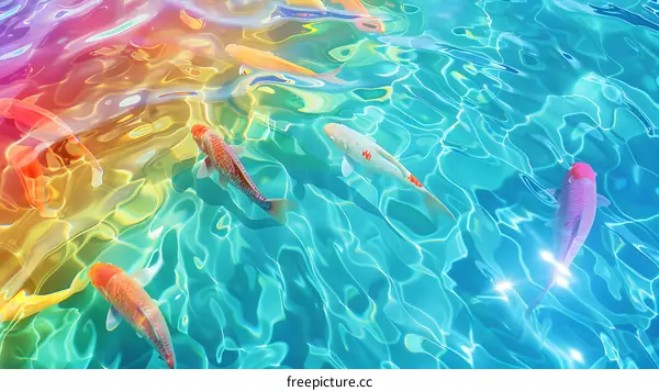 Colorful Koi Fish Swimming in Blue Water