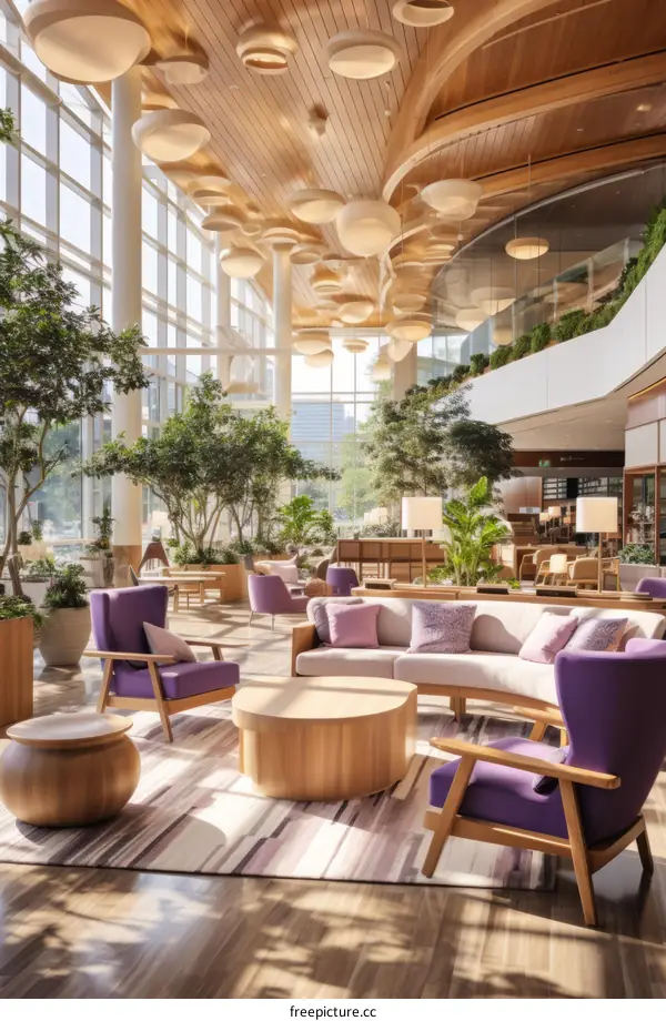 Modern office space interior with stylish furniture and green plants