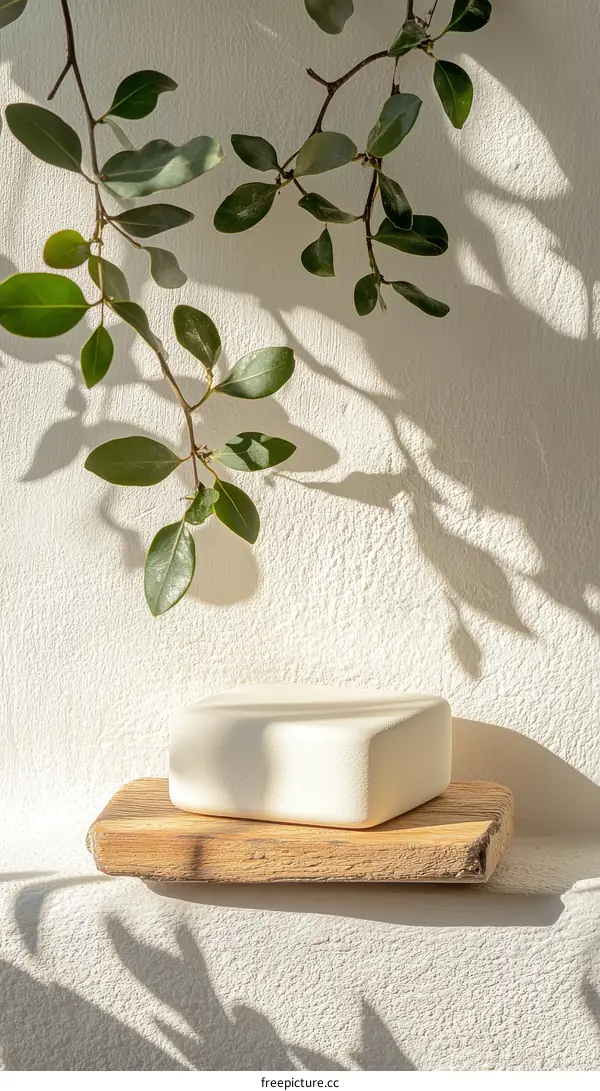 Natural Soap Display on Wooden Tray with Sunlight and Leaves