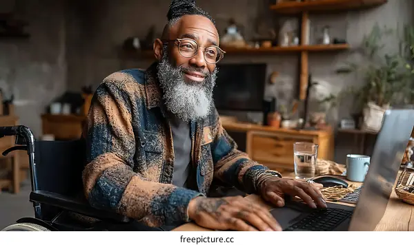 Smiling African American Man Working on Laptop in Wheelchair