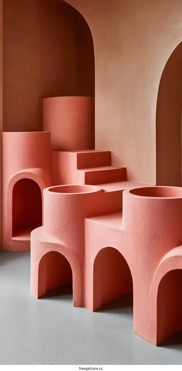 Abstract Architectural Interior Design with Pink Walls and Arches