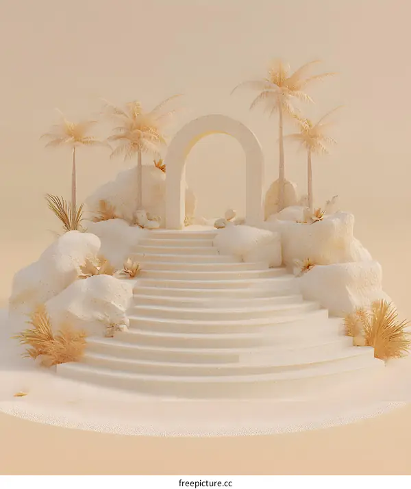 Minimalist Tropical Archway with Palm Trees and Stairs