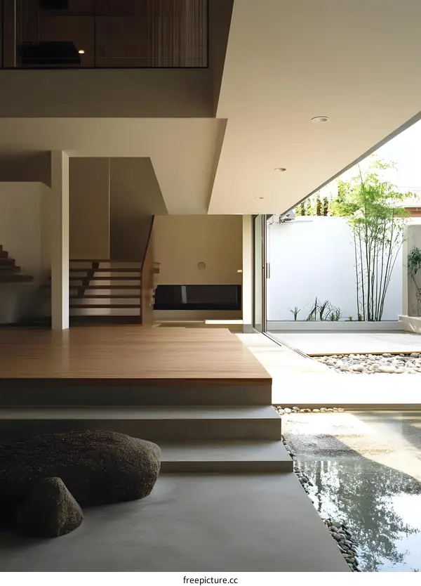 Modern Minimalist Interior Design with Stone and Water Feature