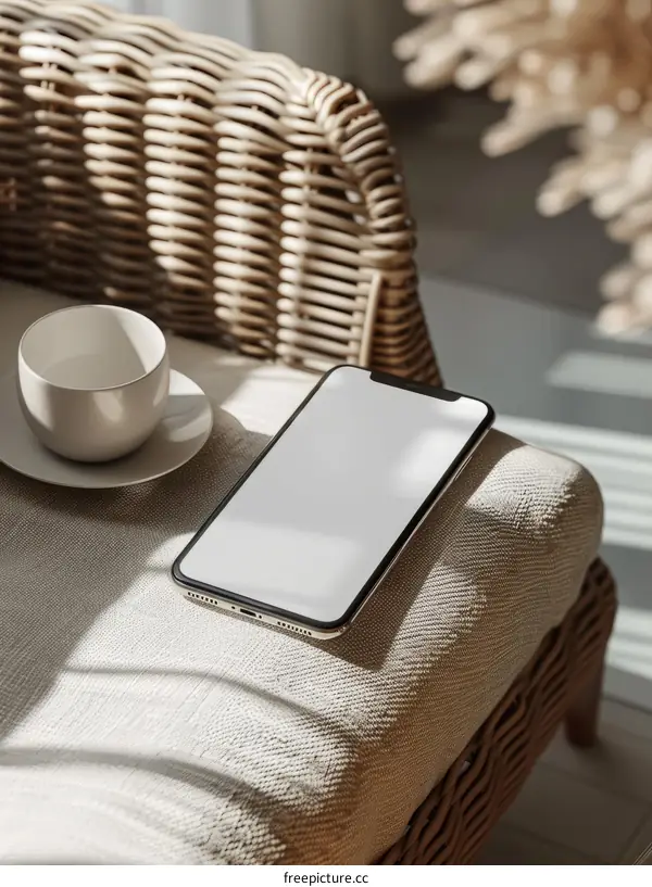 A stylish mockup of a mobile phone on a wicker chair with a cup and saucer
