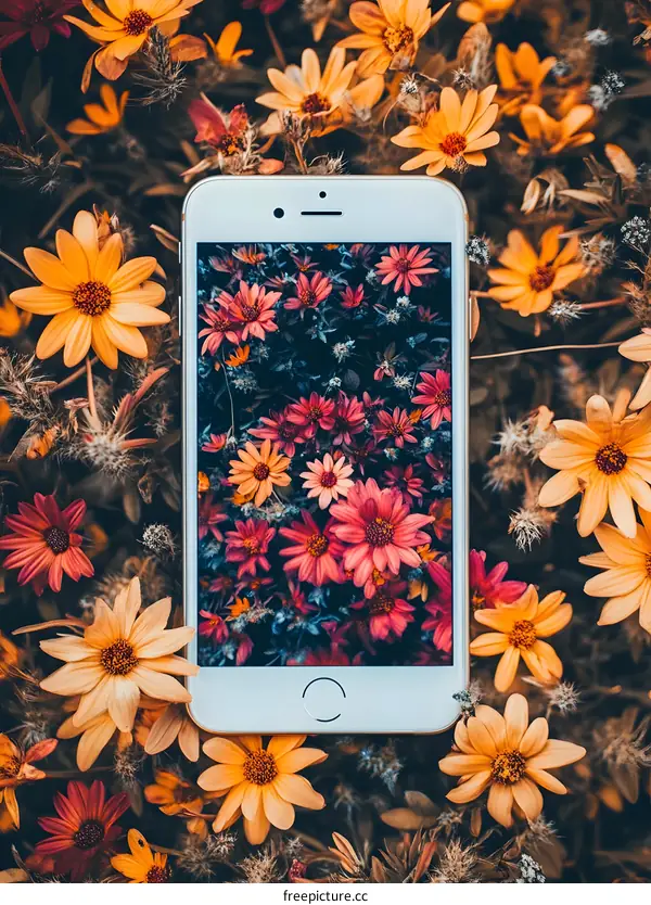 White Smartphone Surrounded by Yellow Flowers