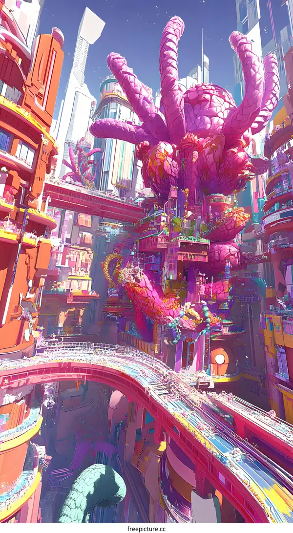 Abstract Cityscape with Pink Tentacle Like Structure