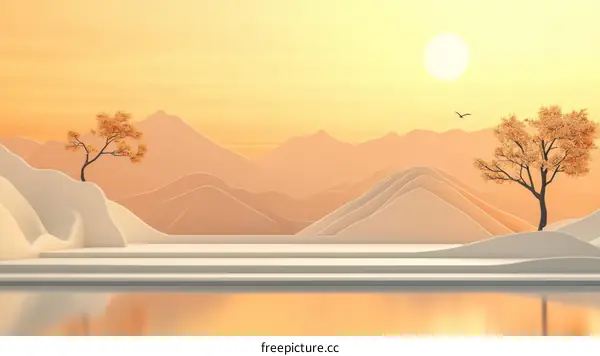 Peaceful Mountain Sunset Landscape Illustration