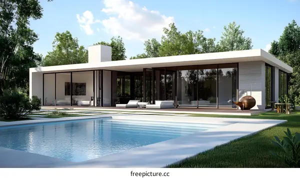 Modern House with Pool and Green Trees