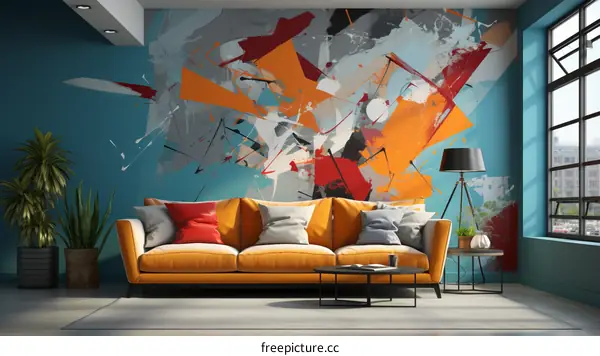 Abstract painting on blue wall in living room interior