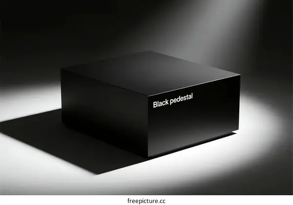 A black rectangular pedestal box with text on it