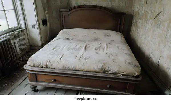 Old Wooden Bed in a Rundown Room
