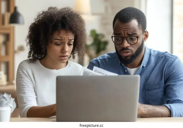 Concerned Couple Reviewing Documents on Laptop