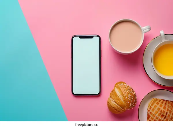 Flat Lay with Smartphone, Pastry and Coffee on Pink and Blue Background