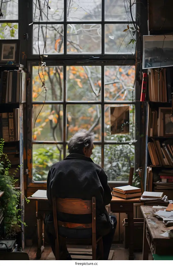 An old man is sitting in a chair in a room with a large window.
