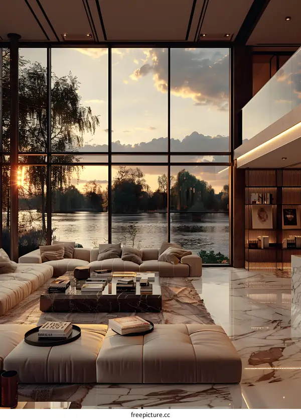 Modern living room interior with large windows overlooking lake and trees