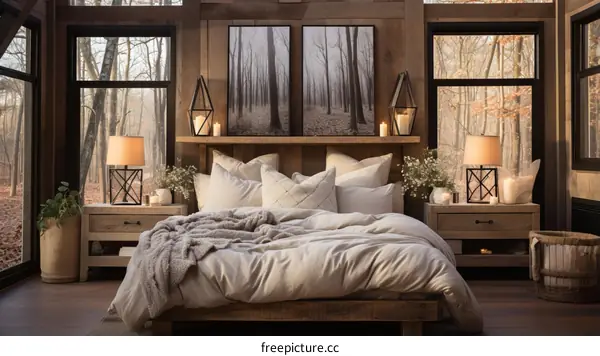 Cozy Modern Farmhouse Bedroom With Woodsy Themed Art Over Bed