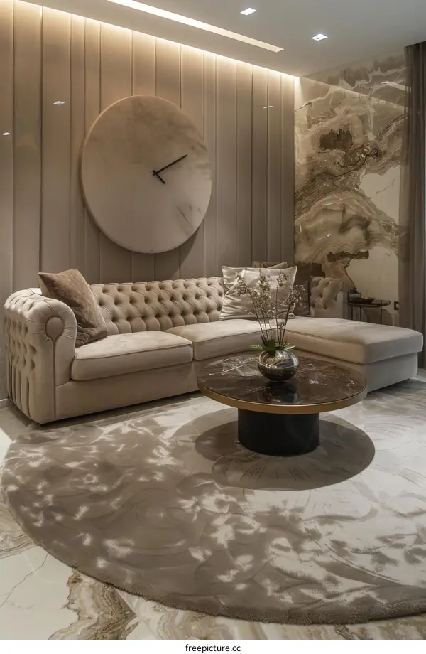 Luxurious Living Room Design with Marble Accents and Plush Furnishings